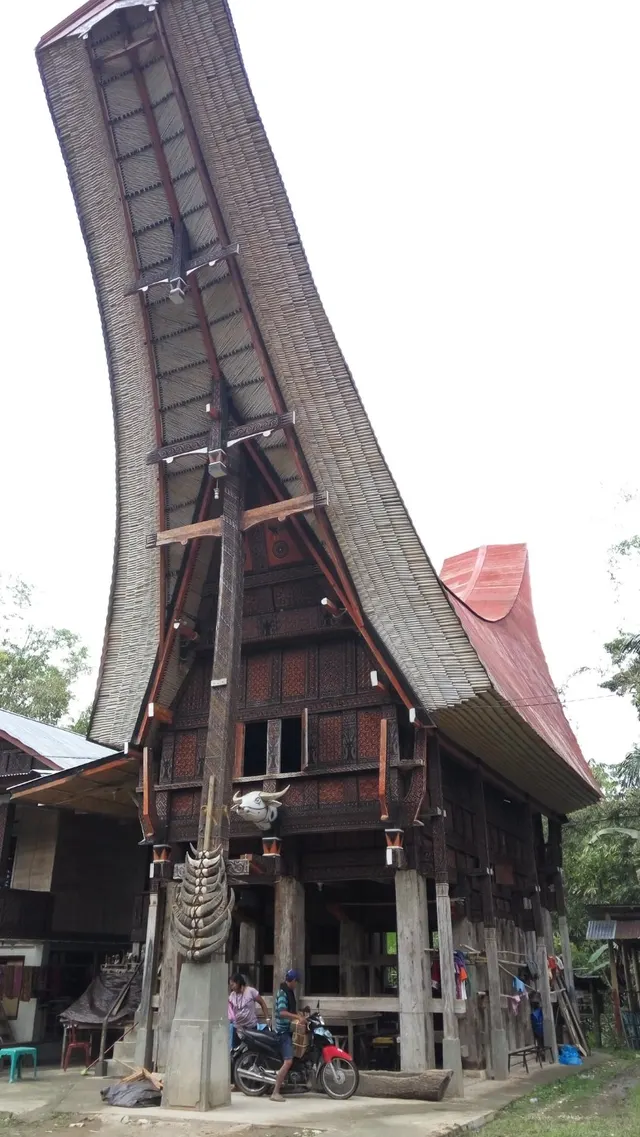 The carved gable and boat-shaped roof of a tongkonan seen from below